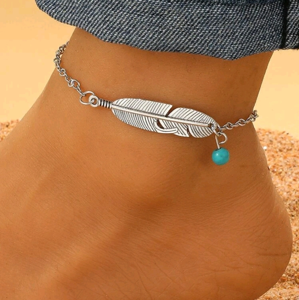 Vintage Zinc Alloy Turquoise & Feather Anklet for Daily Decoration